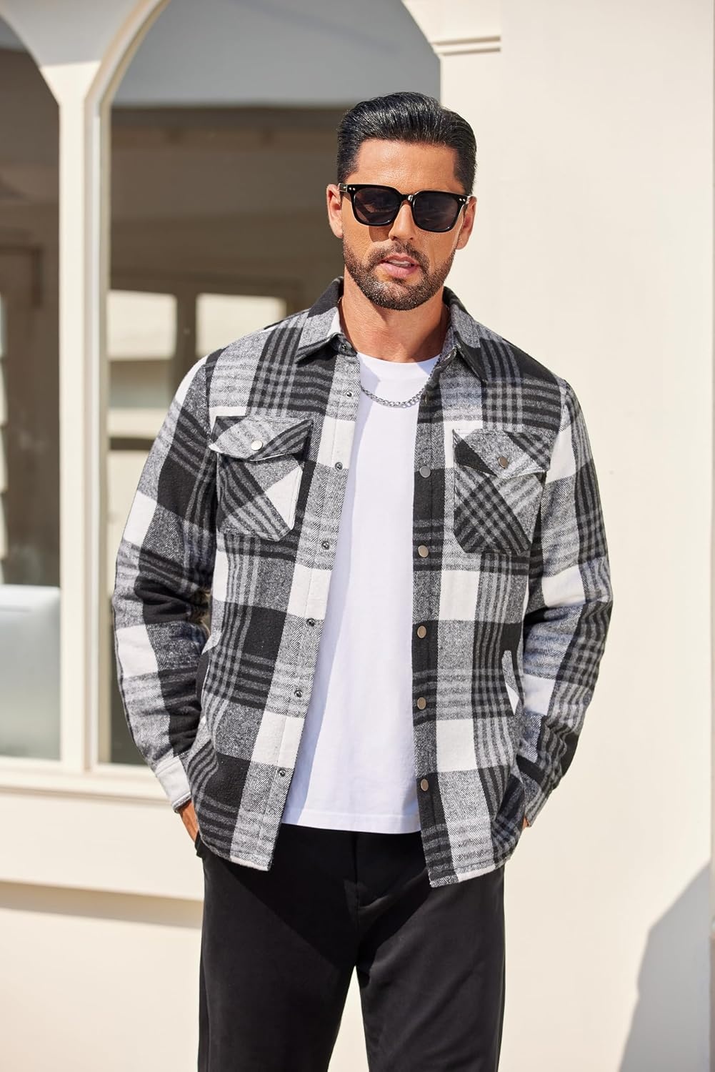 image:imageCOOFANDY Mens Flannel Shirt Jacket Quilted Lined Plaid Jacket Warm ShacketsBlack Plaid