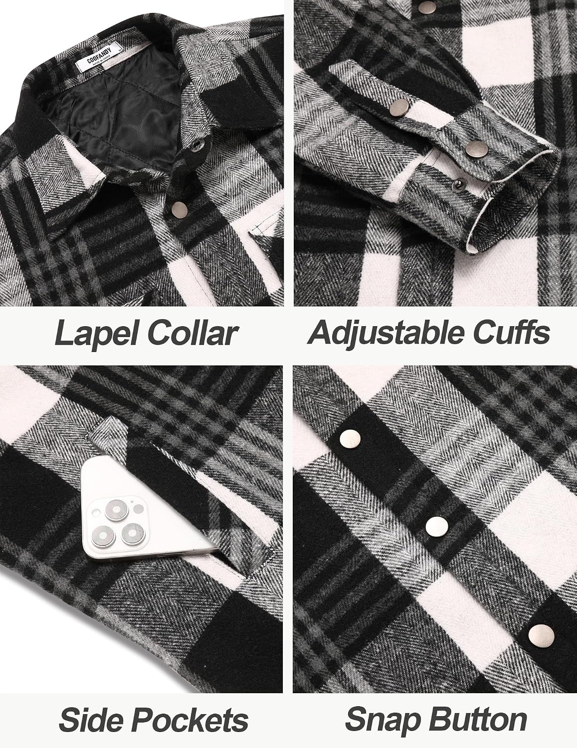 image:imageCOOFANDY Mens Flannel Shirt Jacket Quilted Lined Plaid Jacket Warm ShacketsBlack Plaid