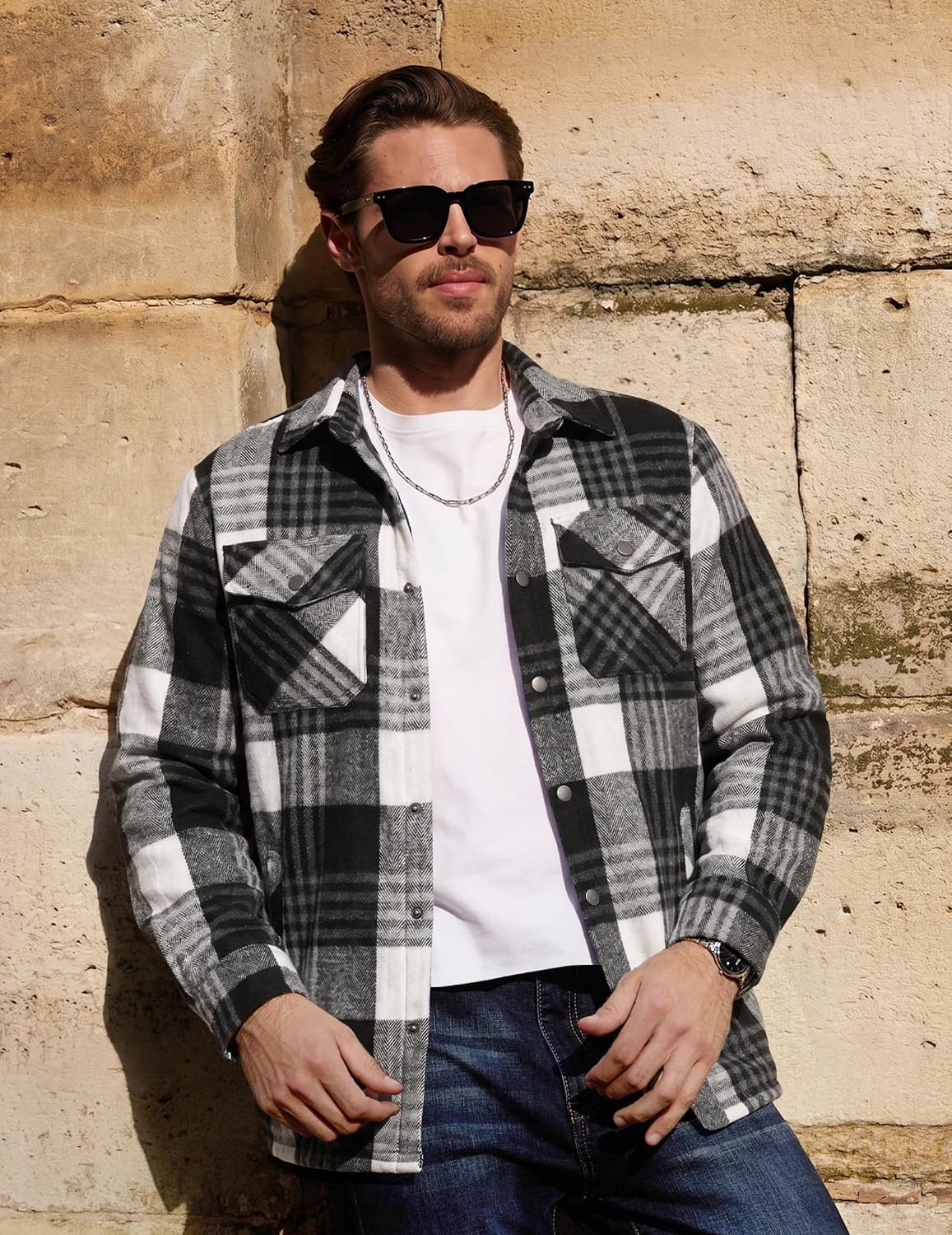 image:imageCOOFANDY Mens Flannel Shirt Jacket Quilted Lined Plaid Jacket Warm ShacketsBlack Plaid