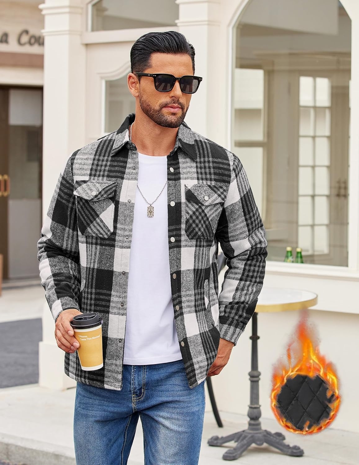 image:imageCOOFANDY Mens Flannel Shirt Jacket Quilted Lined Plaid Jacket Warm ShacketsBlack Plaid