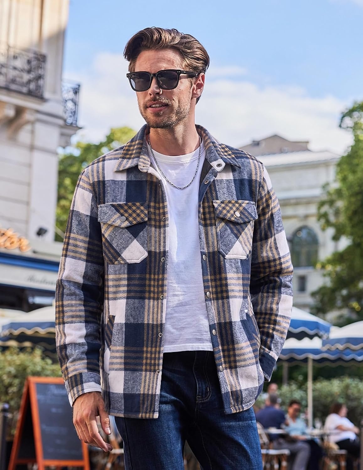 image:imageCOOFANDY Mens Flannel Shirt Jacket Quilted Lined Plaid Jacket Warm ShacketsDark Blue