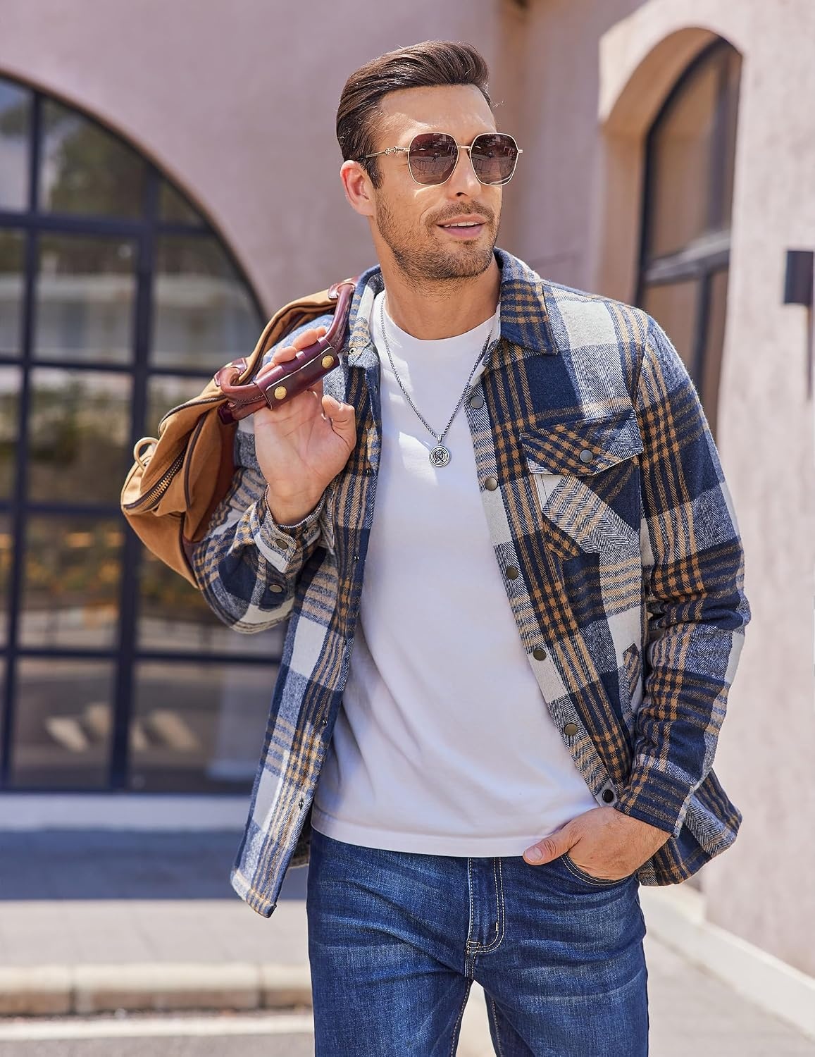 image:imageCOOFANDY Mens Flannel Shirt Jacket Quilted Lined Plaid Jacket Warm ShacketsDark Blue
