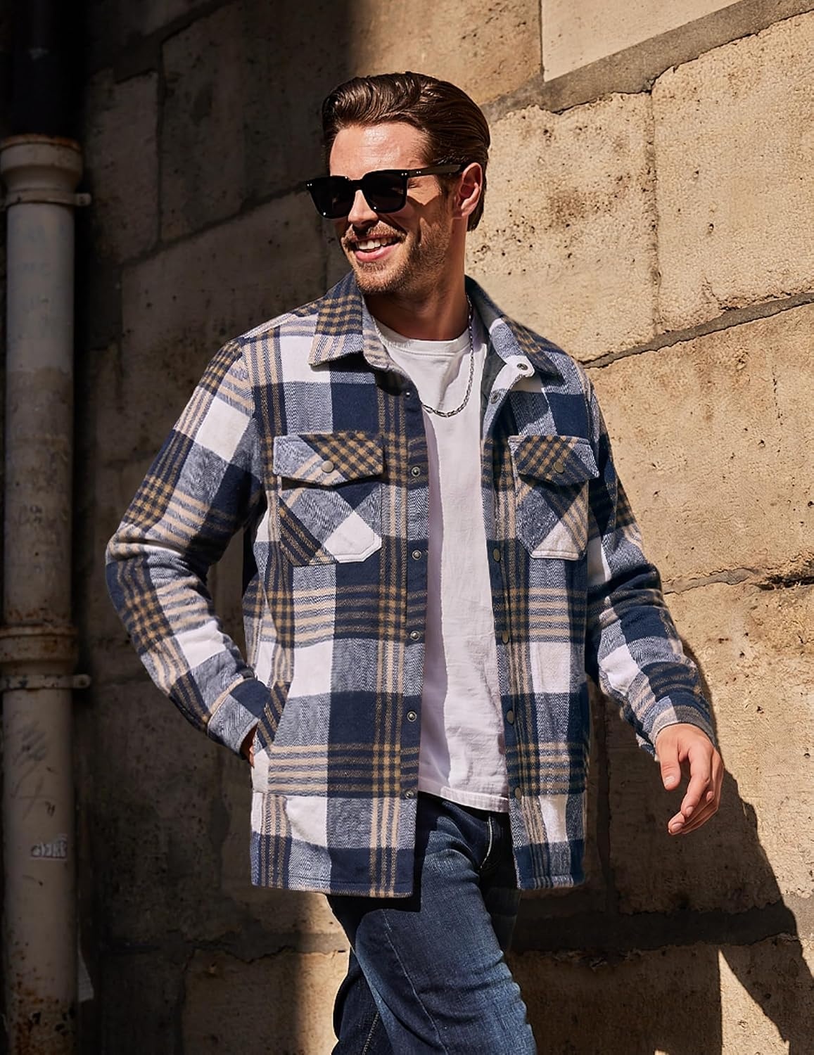 image:imageCOOFANDY Mens Flannel Shirt Jacket Quilted Lined Plaid Jacket Warm ShacketsDark Blue