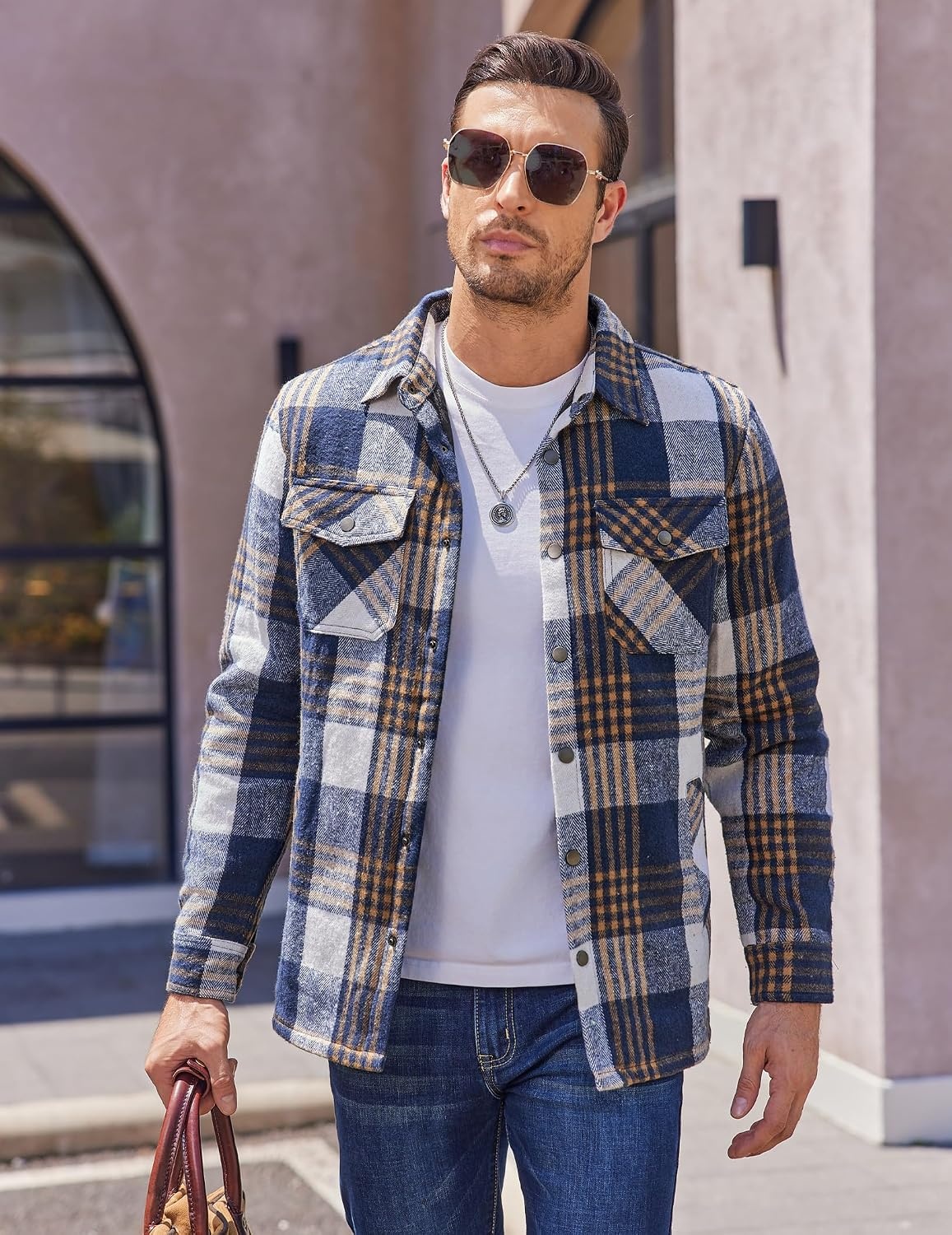 image:imageCOOFANDY Mens Flannel Shirt Jacket Quilted Lined Plaid Jacket Warm ShacketsDark Blue