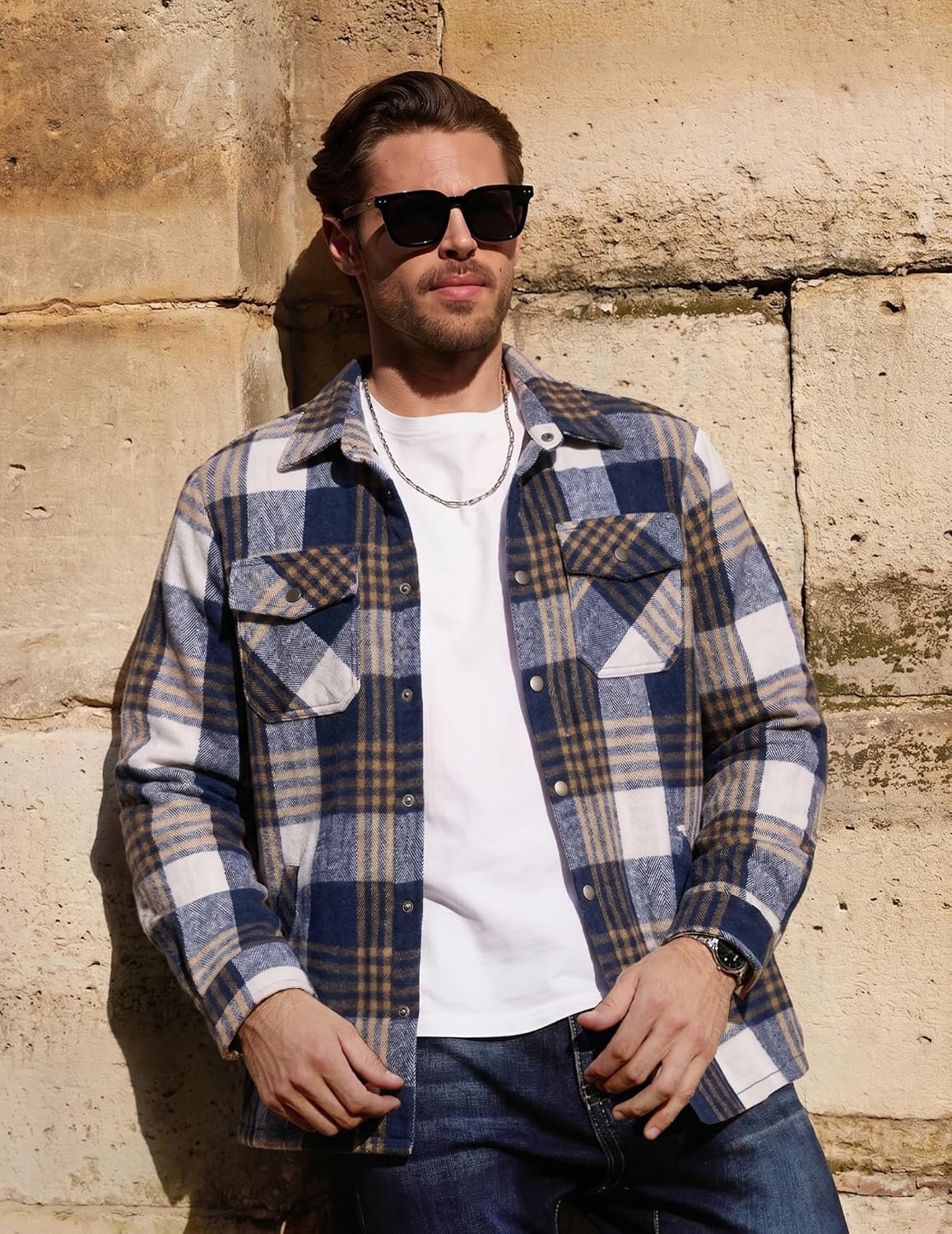 image:imageCOOFANDY Mens Flannel Shirt Jacket Quilted Lined Plaid Jacket Warm ShacketsDark Blue