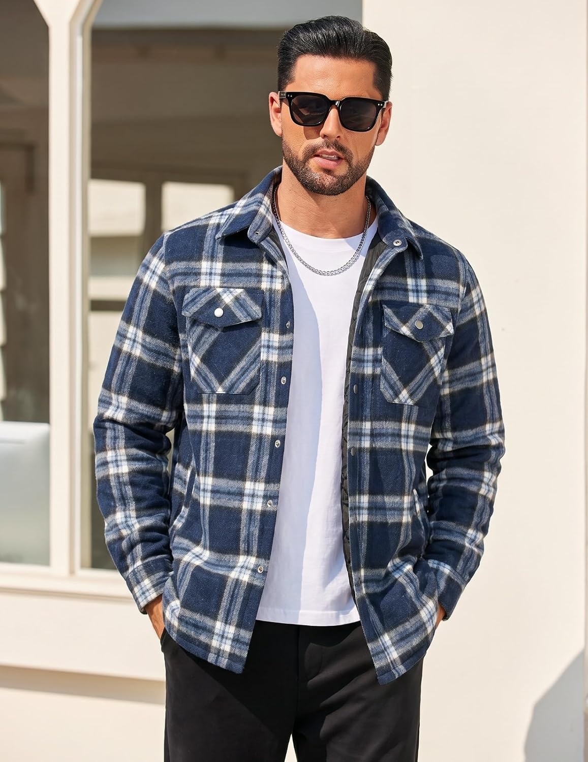 image:imageCOOFANDY Mens Flannel Shirt Jacket Quilted Lined Plaid Jacket Warm ShacketsDark Blue Plaid