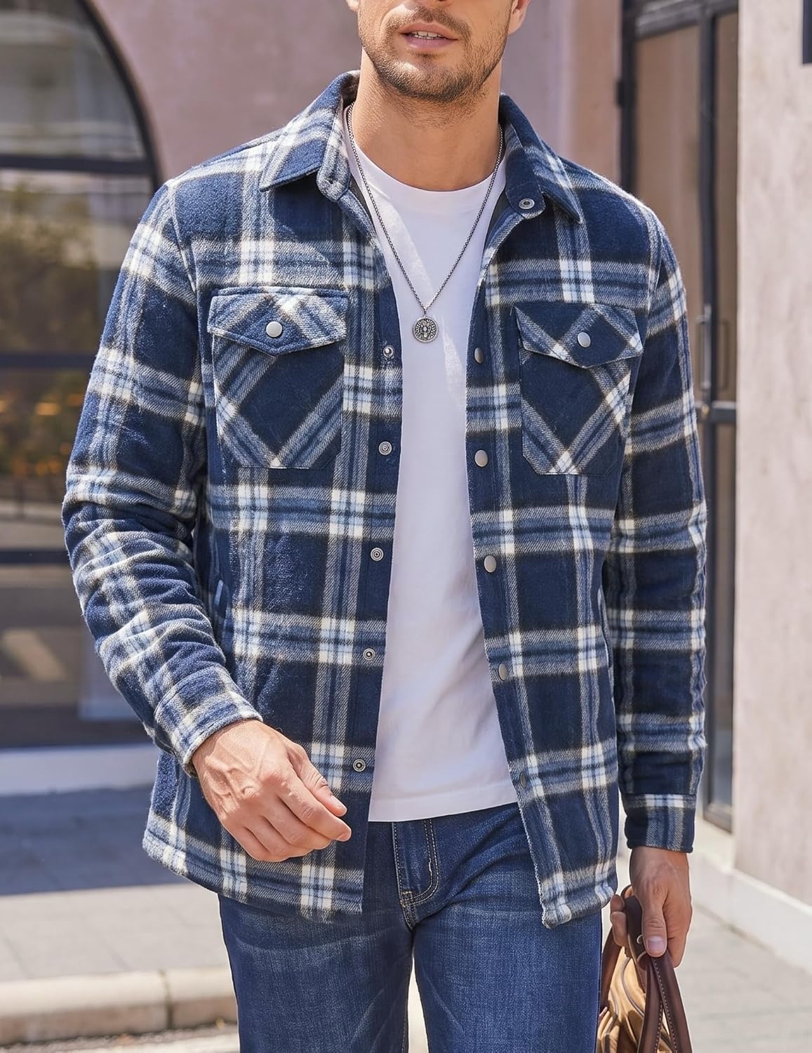 image:imageCOOFANDY Mens Flannel Shirt Jacket Quilted Lined Plaid Jacket Warm ShacketsDark Blue Plaid