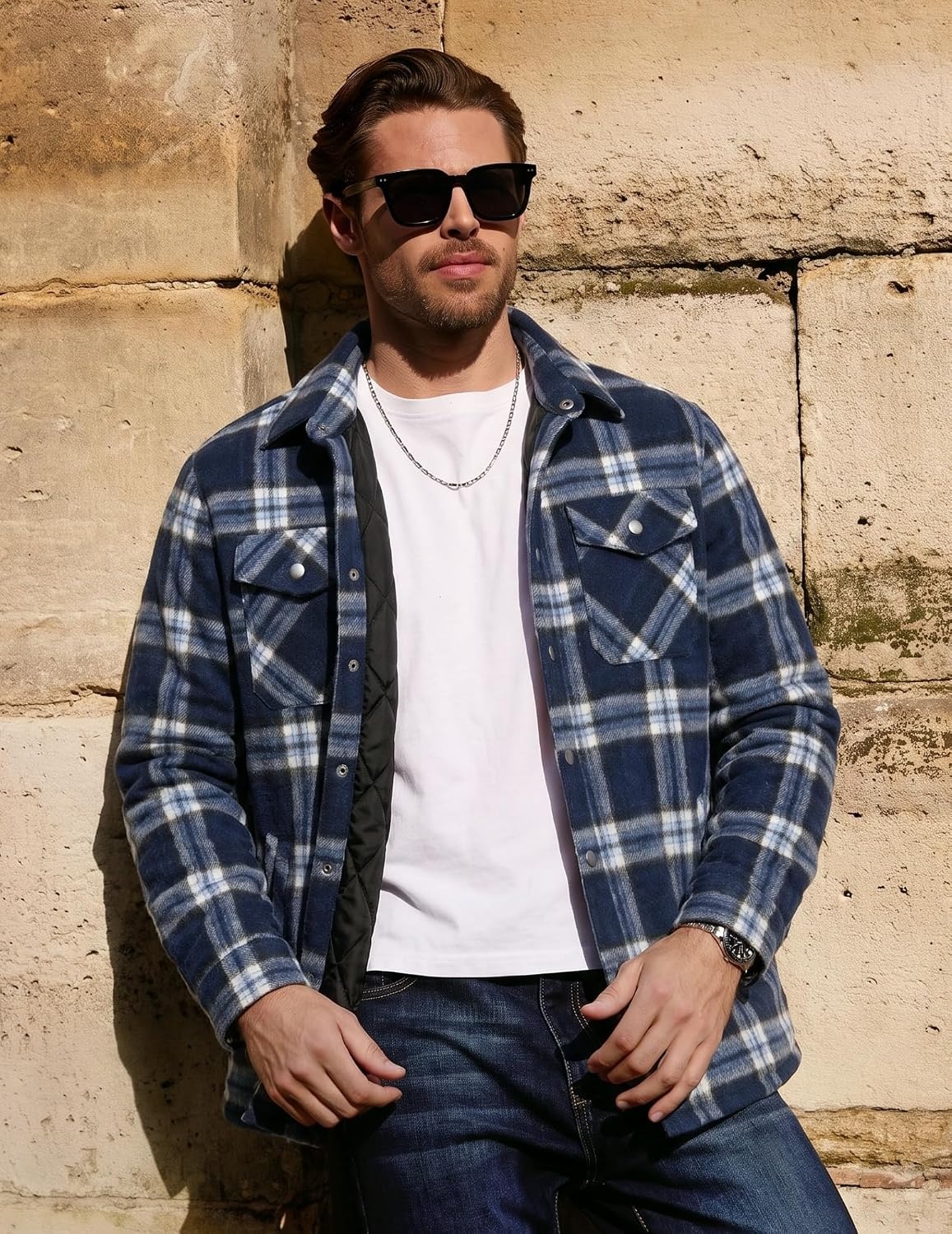 image:imageCOOFANDY Mens Flannel Shirt Jacket Quilted Lined Plaid Jacket Warm ShacketsDark Blue Plaid