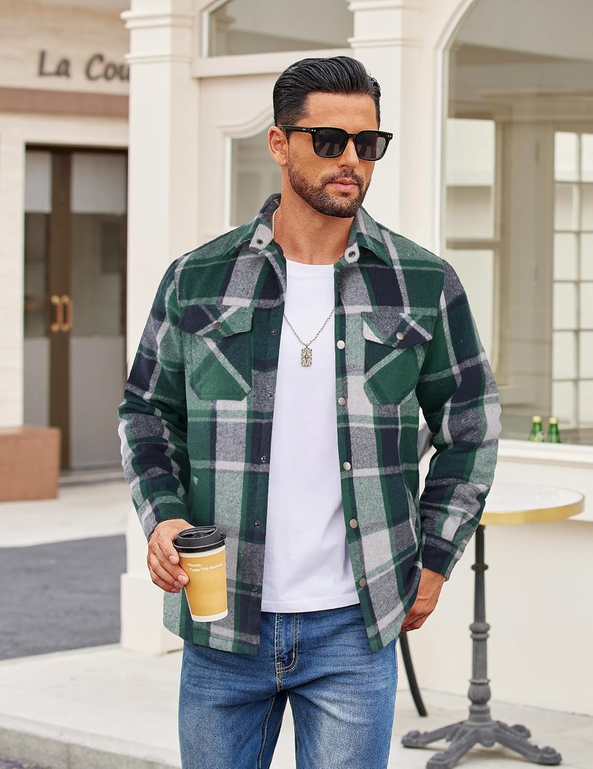 image:imageCOOFANDY Mens Flannel Shirt Jacket Quilted Lined Plaid Jacket Warm ShacketsGreen