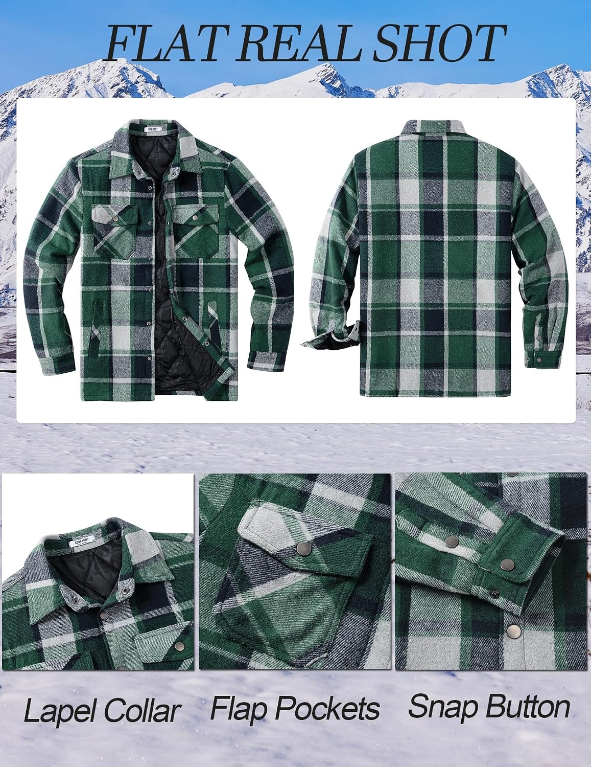 image:imageCOOFANDY Mens Flannel Shirt Jacket Quilted Lined Plaid Jacket Warm ShacketsGreen
