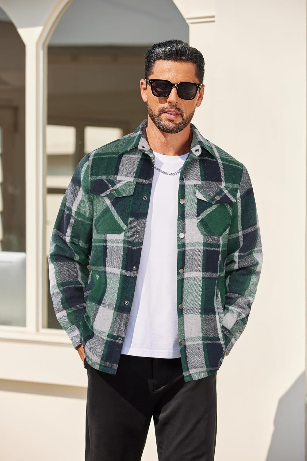 image:imageCOOFANDY Mens Flannel Shirt Jacket Quilted Lined Plaid Jacket Warm ShacketsGreen