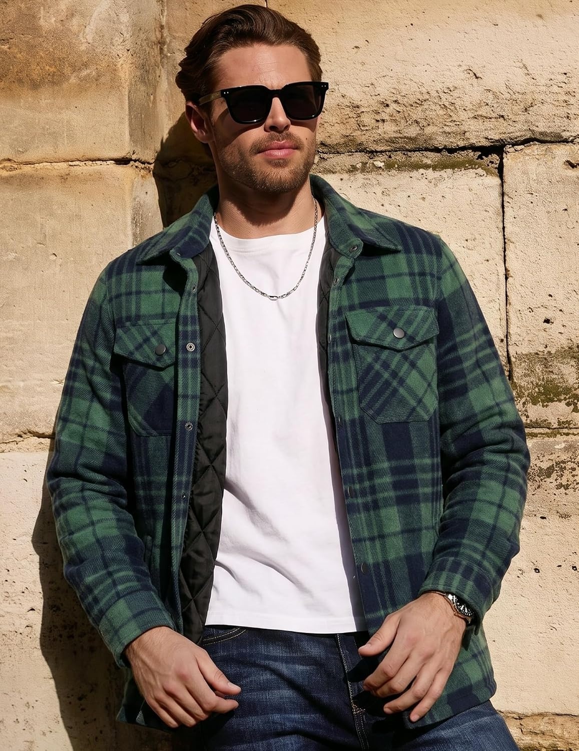 image:imageCOOFANDY Mens Flannel Shirt Jacket Quilted Lined Plaid Jacket Warm ShacketsNavy Blue Green Plaid