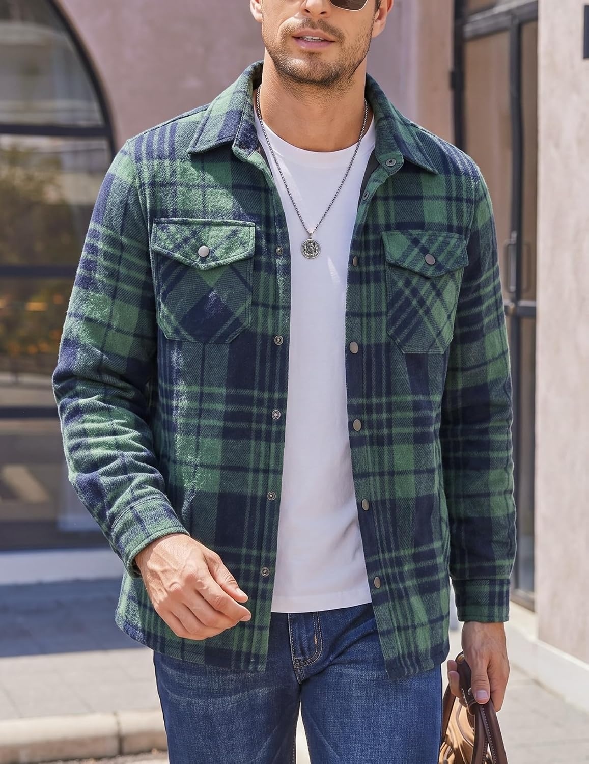 image:imageCOOFANDY Mens Flannel Shirt Jacket Quilted Lined Plaid Jacket Warm ShacketsNavy Blue Green Plaid