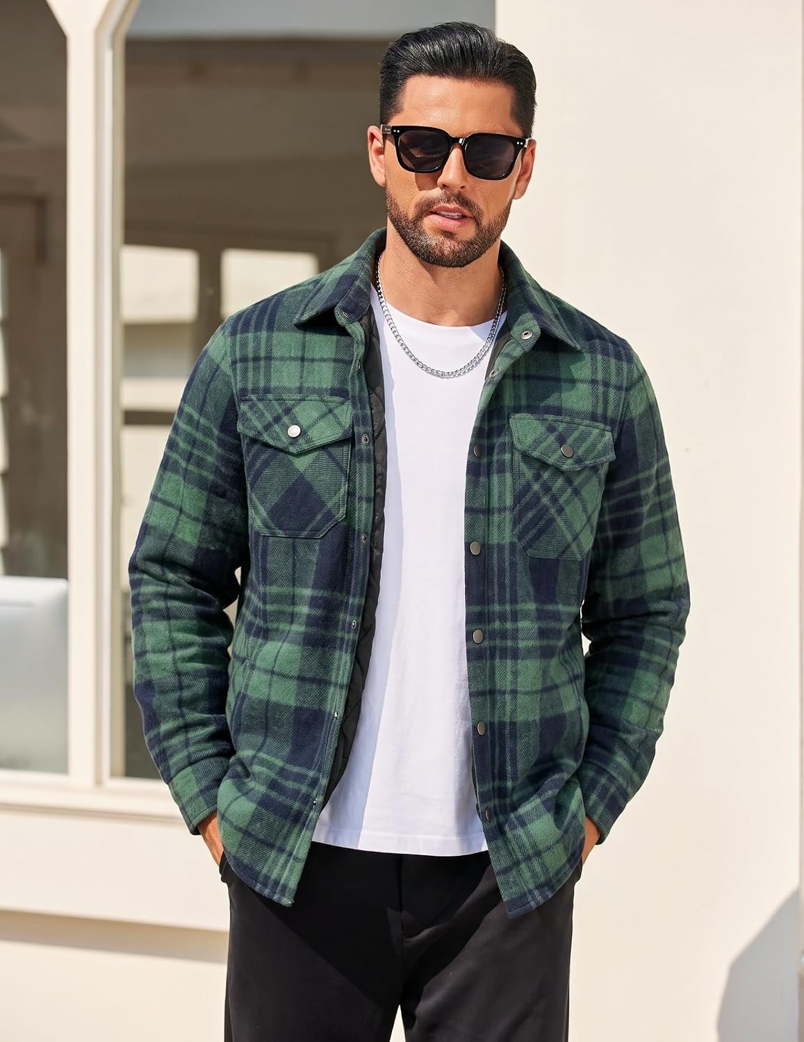 image:imageCOOFANDY Mens Flannel Shirt Jacket Quilted Lined Plaid Jacket Warm ShacketsNavy Blue Green Plaid