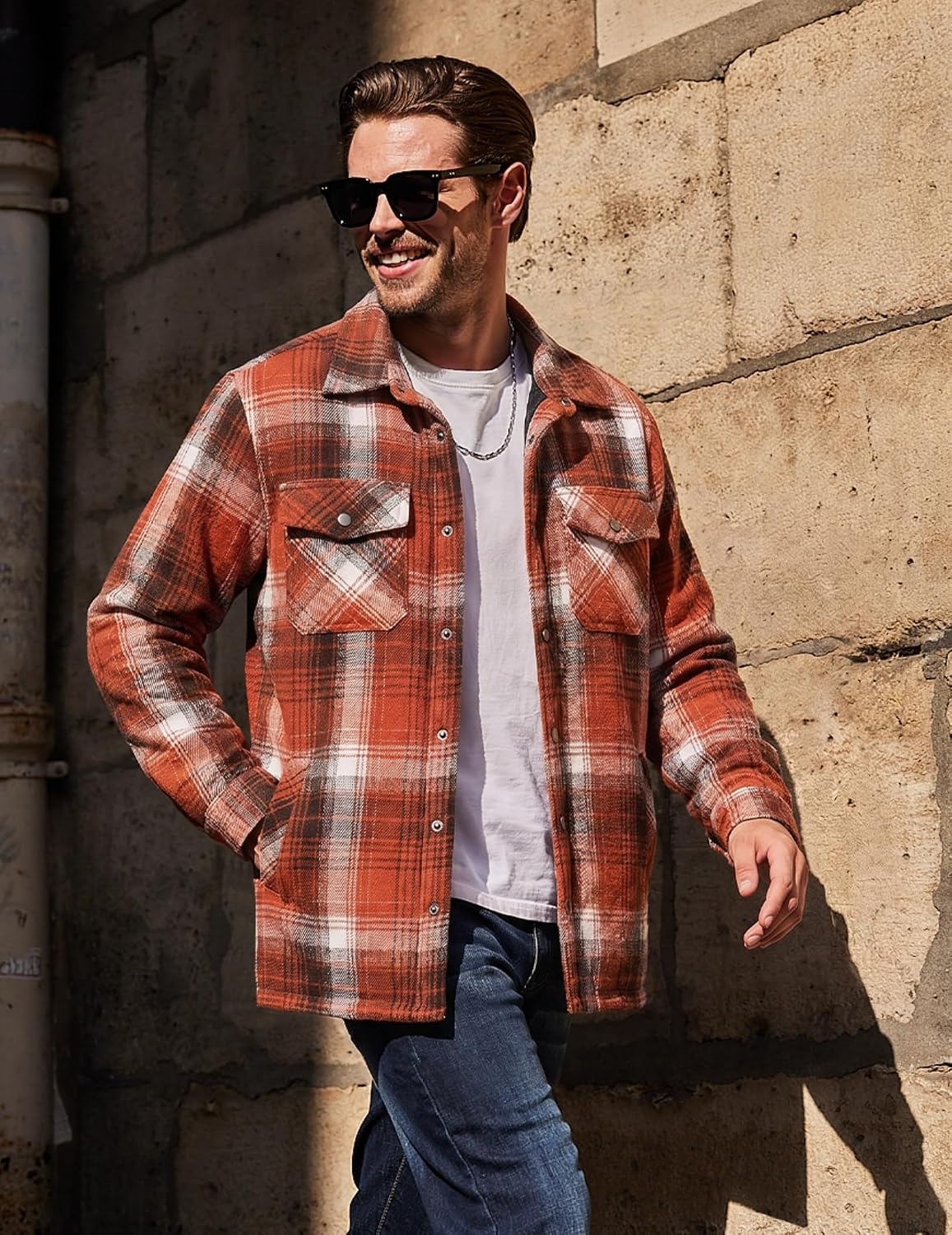 image:imageCOOFANDY Mens Flannel Shirt Jacket Quilted Lined Plaid Jacket Warm ShacketsOrange