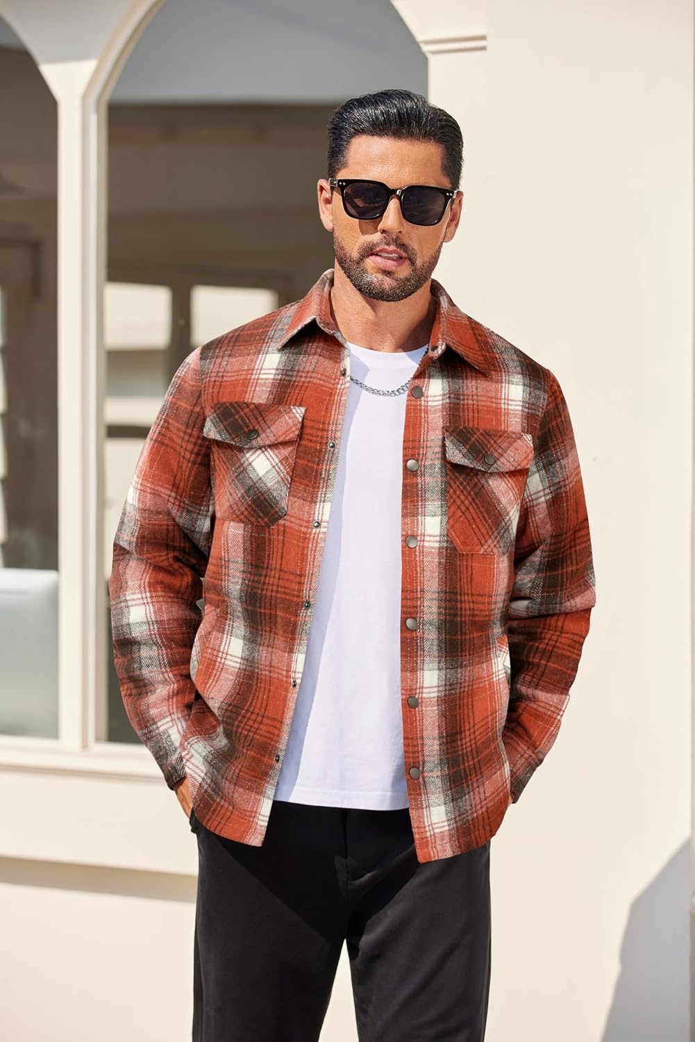 image:imageCOOFANDY Mens Flannel Shirt Jacket Quilted Lined Plaid Jacket Warm ShacketsOrange