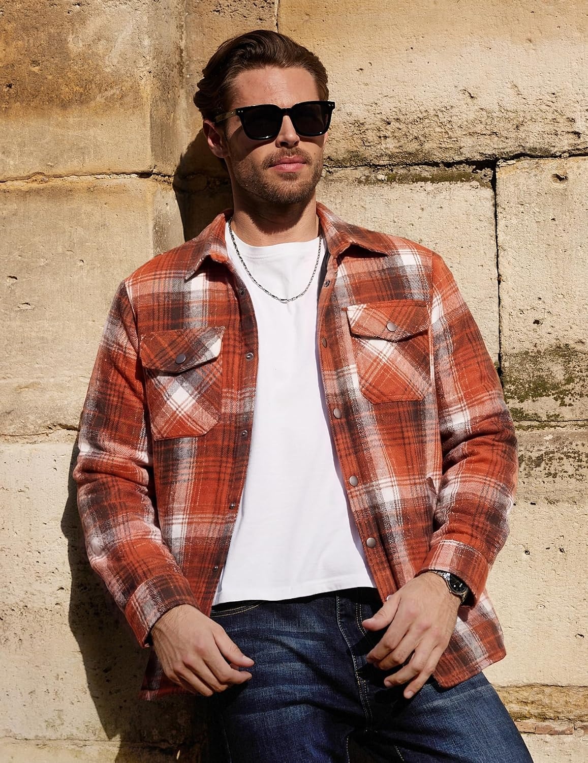 image:imageCOOFANDY Mens Flannel Shirt Jacket Quilted Lined Plaid Jacket Warm ShacketsOrange