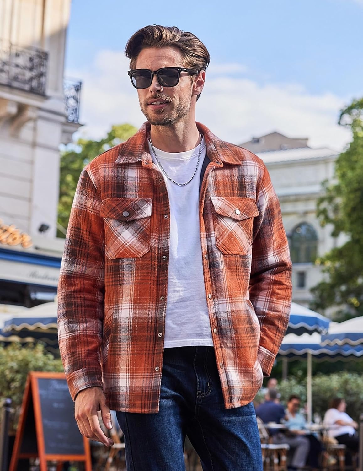 image:imageCOOFANDY Mens Flannel Shirt Jacket Quilted Lined Plaid Jacket Warm ShacketsOrange