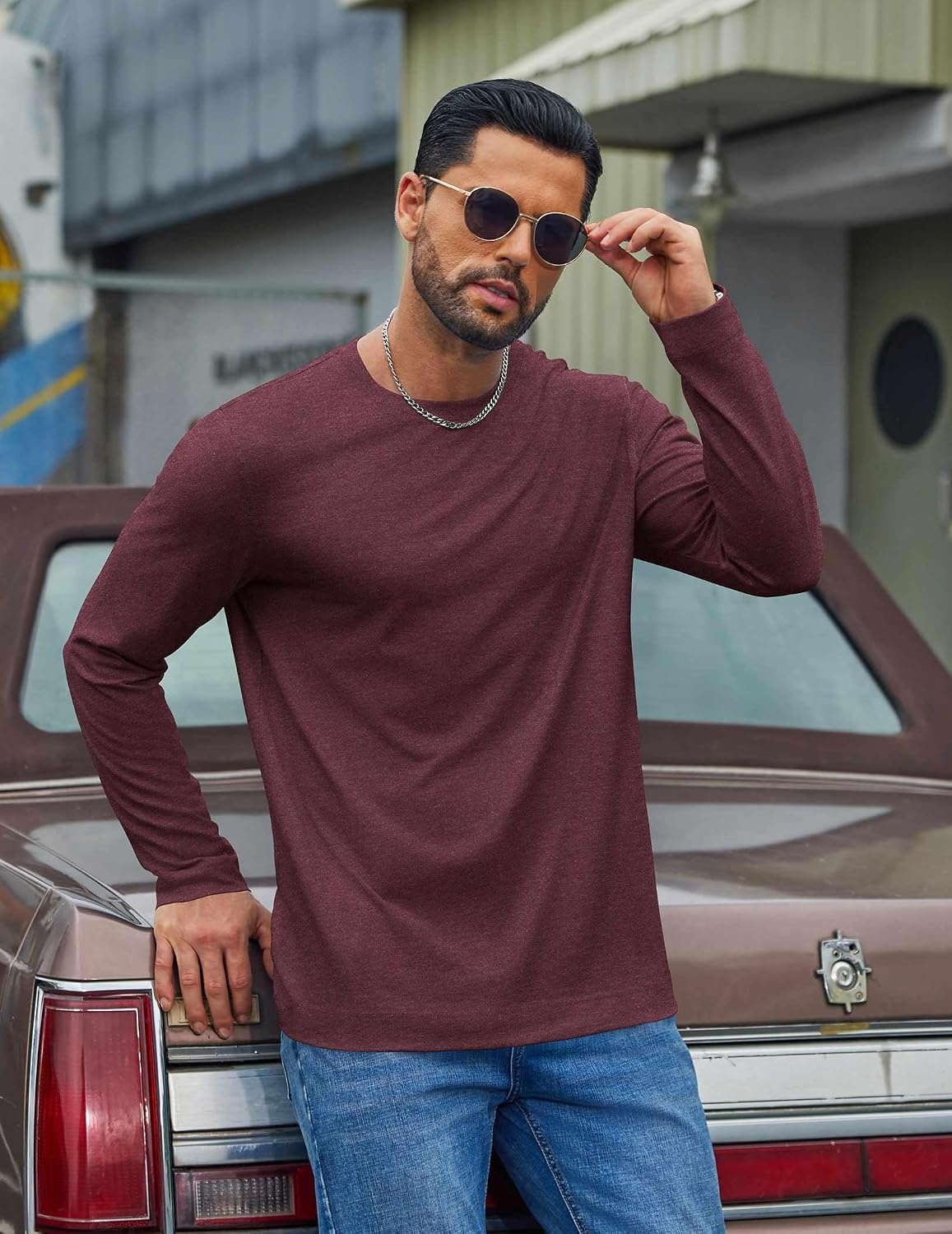 image:imageCOOFANDY Mens Long Sleeve Tee Shirts Cotton Casual Crew Neck Basic TShirtsDark Red