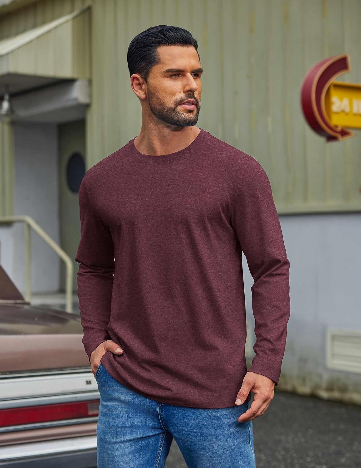 image:imageCOOFANDY Mens Long Sleeve Tee Shirts Cotton Casual Crew Neck Basic TShirtsDark Red