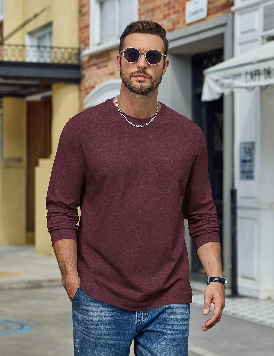 image:imageCOOFANDY Mens Long Sleeve Tee Shirts Cotton Casual Crew Neck Basic TShirtsDark Red