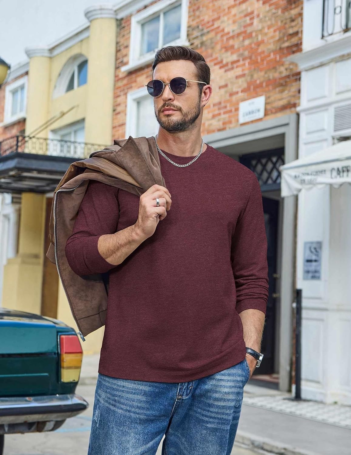 image:imageCOOFANDY Mens Long Sleeve Tee Shirts Cotton Casual Crew Neck Basic TShirtsDark Red