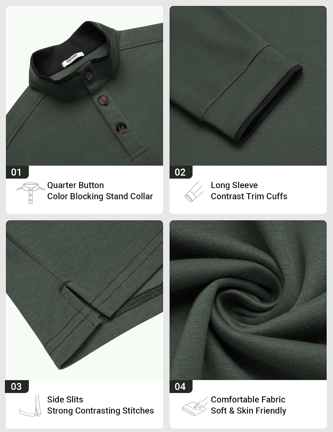 image:imageCOOFANDY Mens Quarter Button Pullover Long Sleeve Stand Collar TShirtsArmy Green