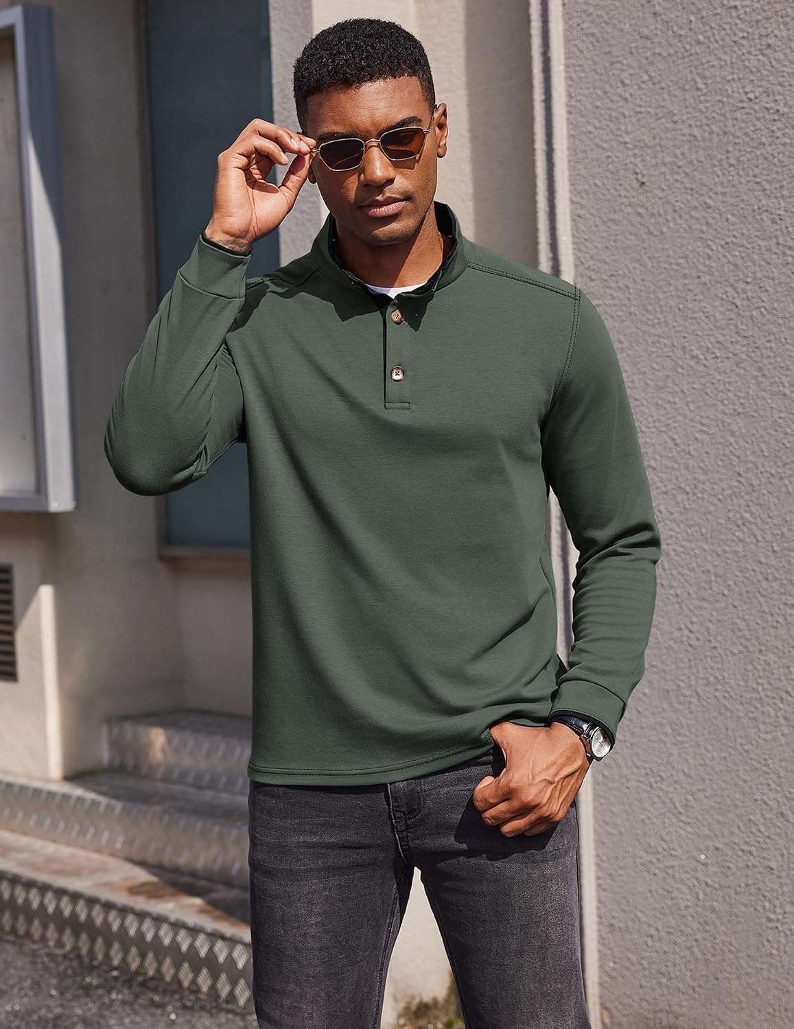 image:imageCOOFANDY Mens Quarter Button Pullover Long Sleeve Stand Collar TShirtsArmy Green