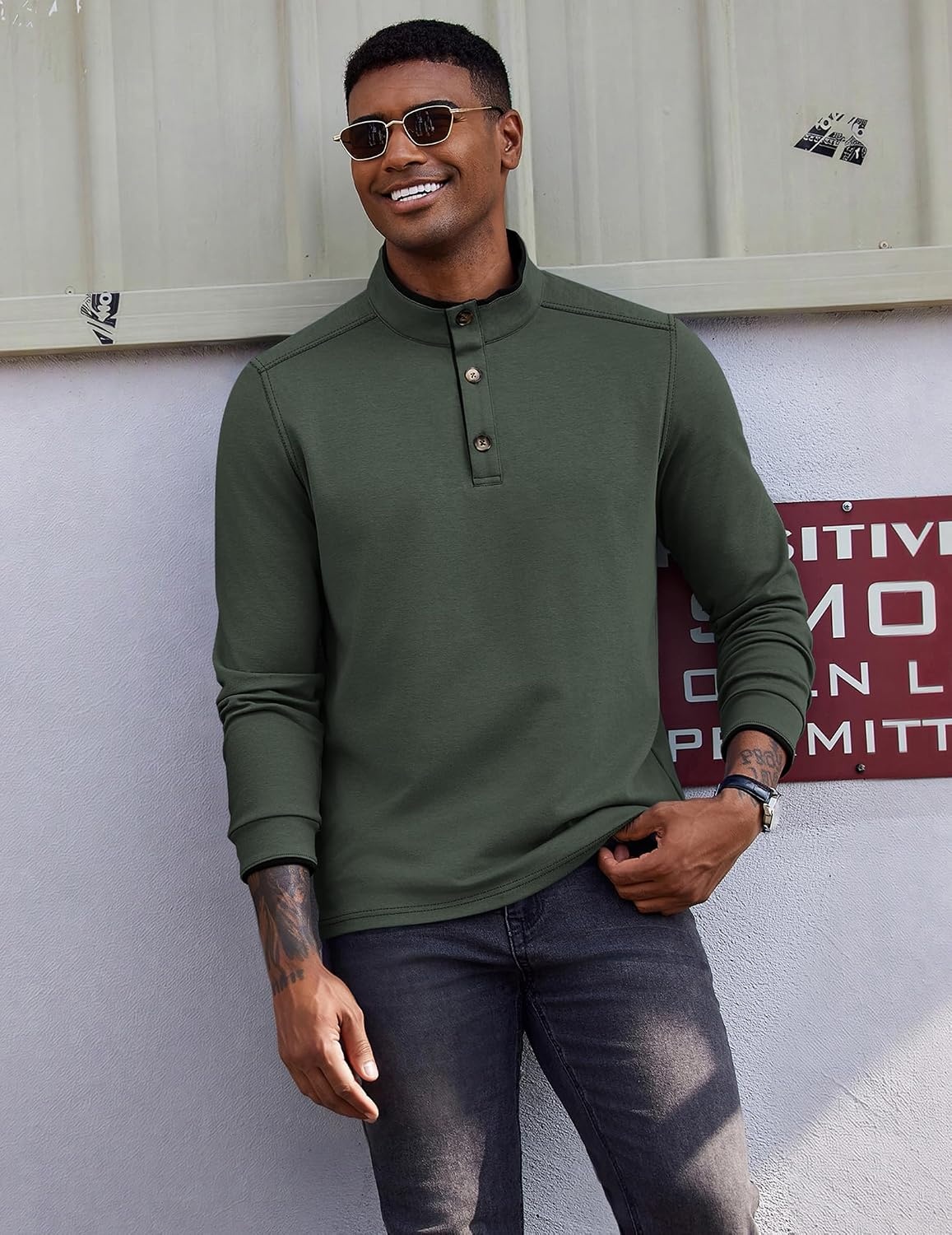 image:imageCOOFANDY Mens Quarter Button Pullover Long Sleeve Stand Collar TShirtsArmy Green