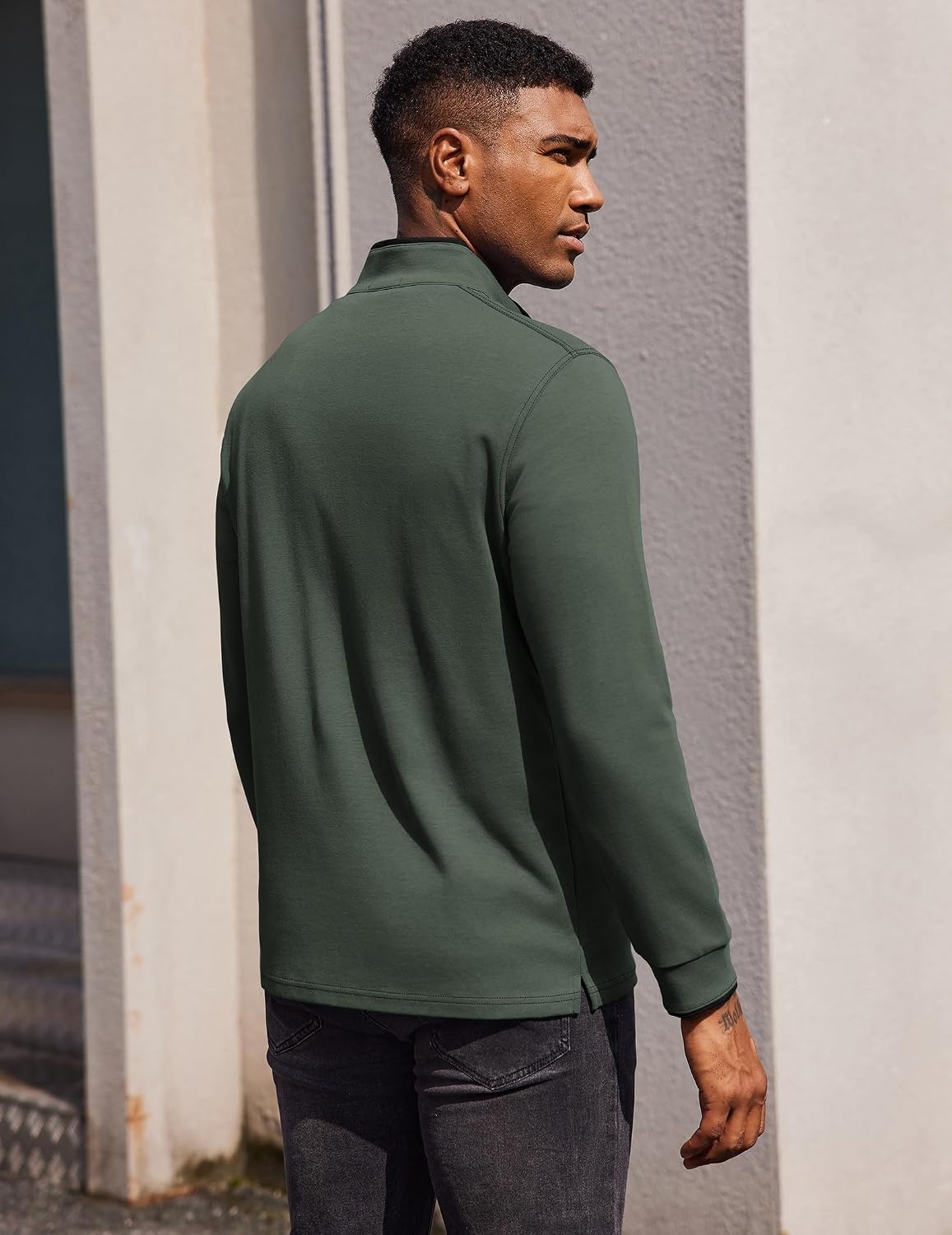 image:imageCOOFANDY Mens Quarter Button Pullover Long Sleeve Stand Collar TShirtsArmy Green