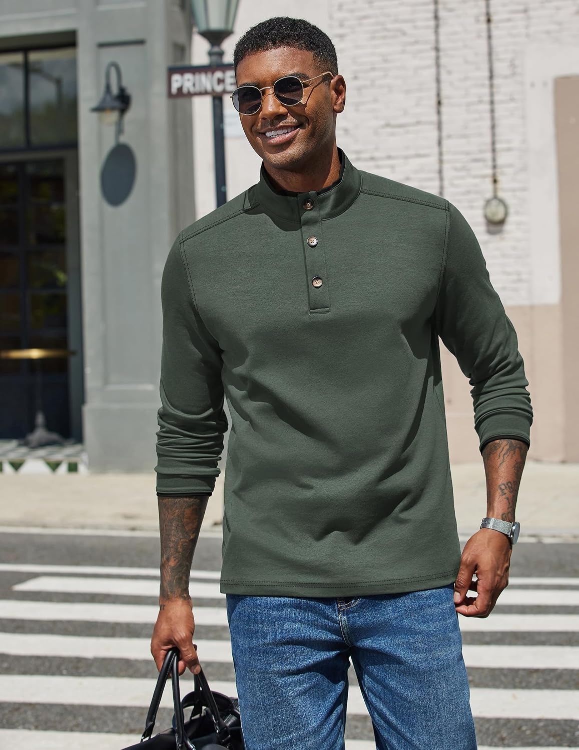 image:imageCOOFANDY Mens Quarter Button Pullover Long Sleeve Stand Collar TShirtsArmy Green