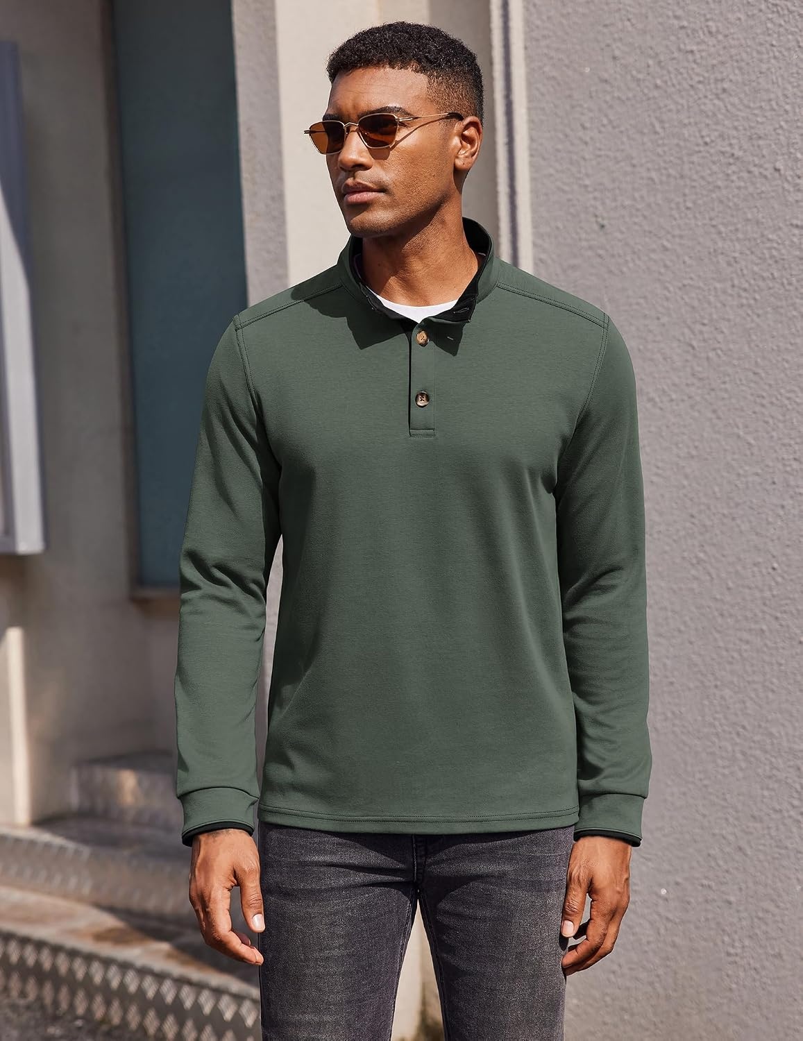 image:imageCOOFANDY Mens Quarter Button Pullover Long Sleeve Stand Collar TShirtsArmy Green