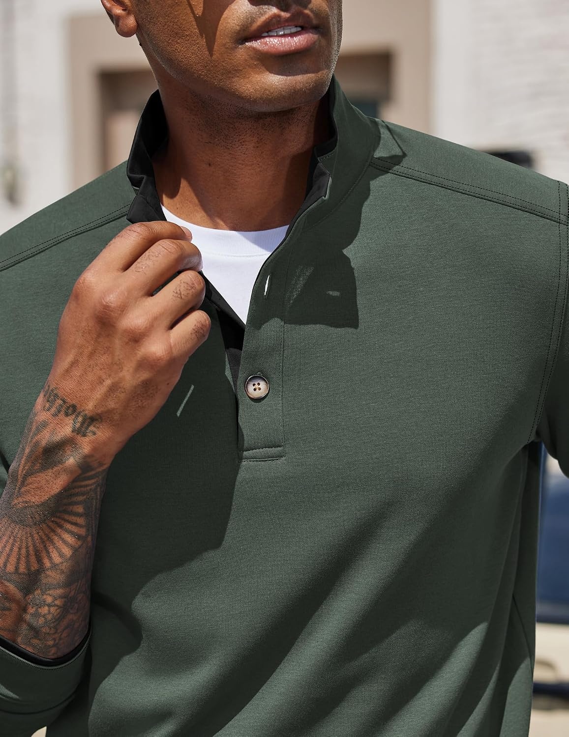image:imageCOOFANDY Mens Quarter Button Pullover Long Sleeve Stand Collar TShirtsArmy Green