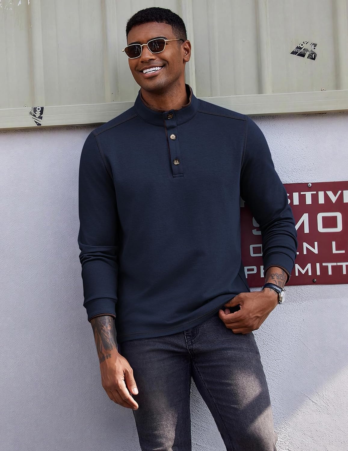 image:imageCOOFANDY Mens Quarter Button Pullover Long Sleeve Stand Collar TShirtsNavy Blue