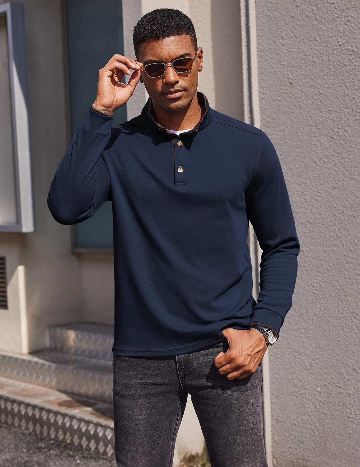 image:imageCOOFANDY Mens Quarter Button Pullover Long Sleeve Stand Collar TShirtsNavy Blue