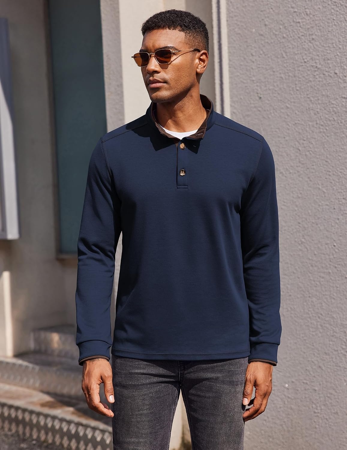 image:imageCOOFANDY Mens Quarter Button Pullover Long Sleeve Stand Collar TShirtsNavy Blue