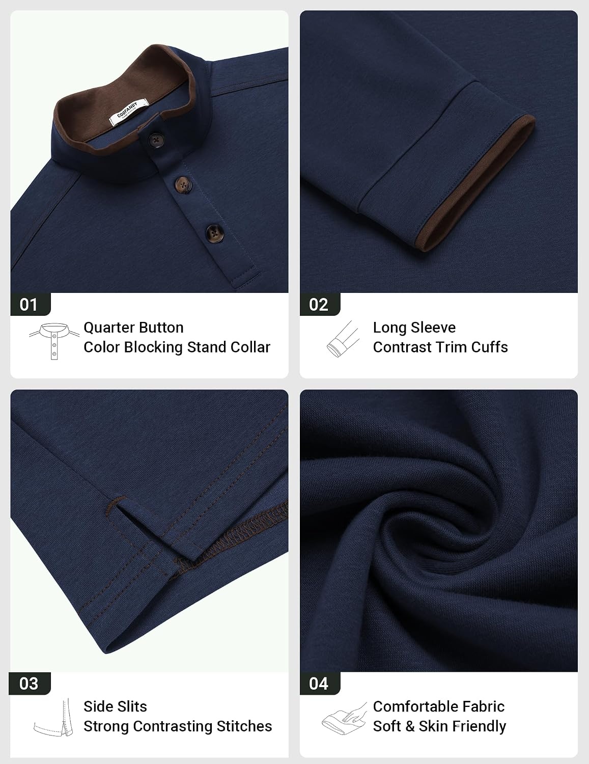 image:imageCOOFANDY Mens Quarter Button Pullover Long Sleeve Stand Collar TShirtsNavy Blue