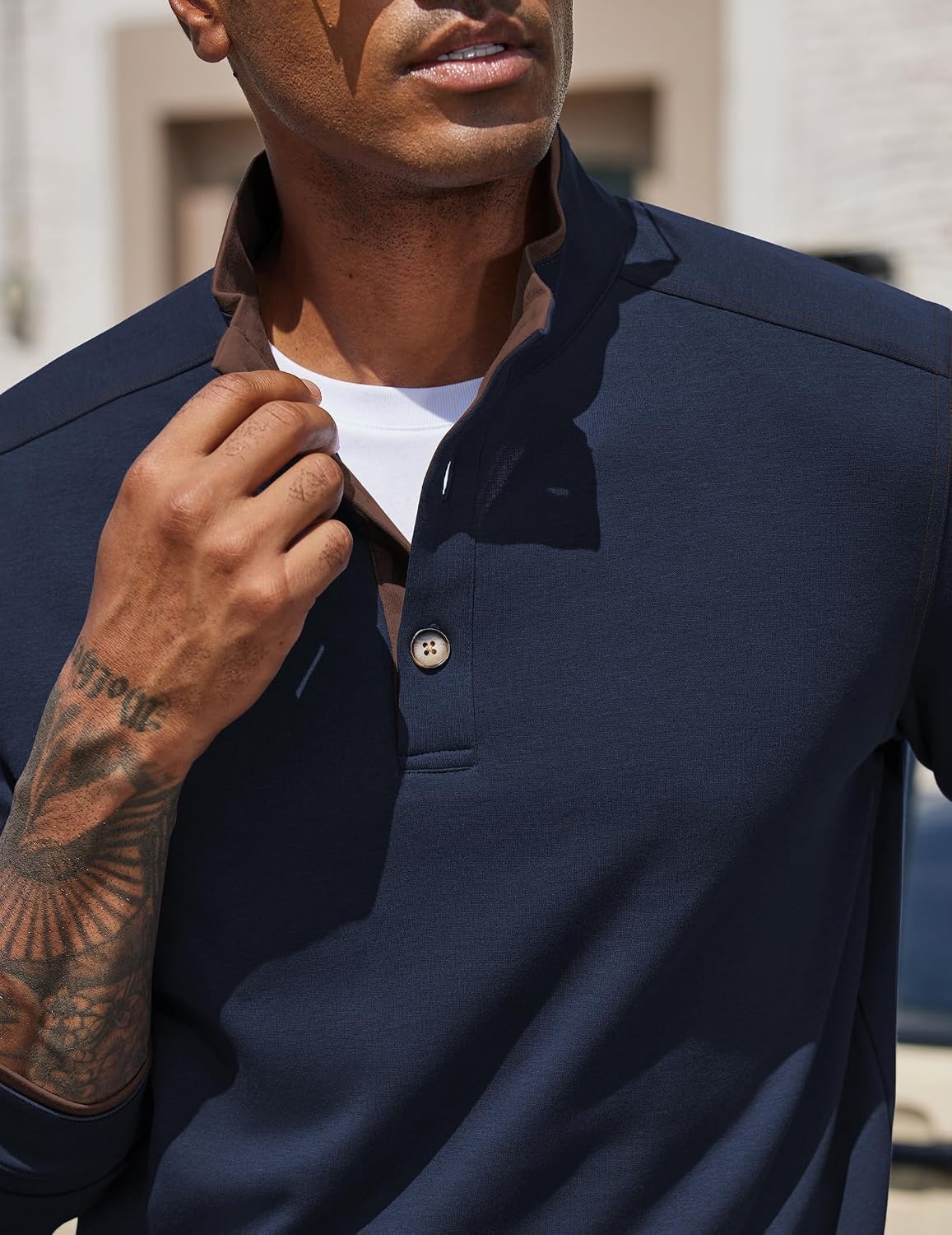 image:imageCOOFANDY Mens Quarter Button Pullover Long Sleeve Stand Collar TShirtsNavy Blue