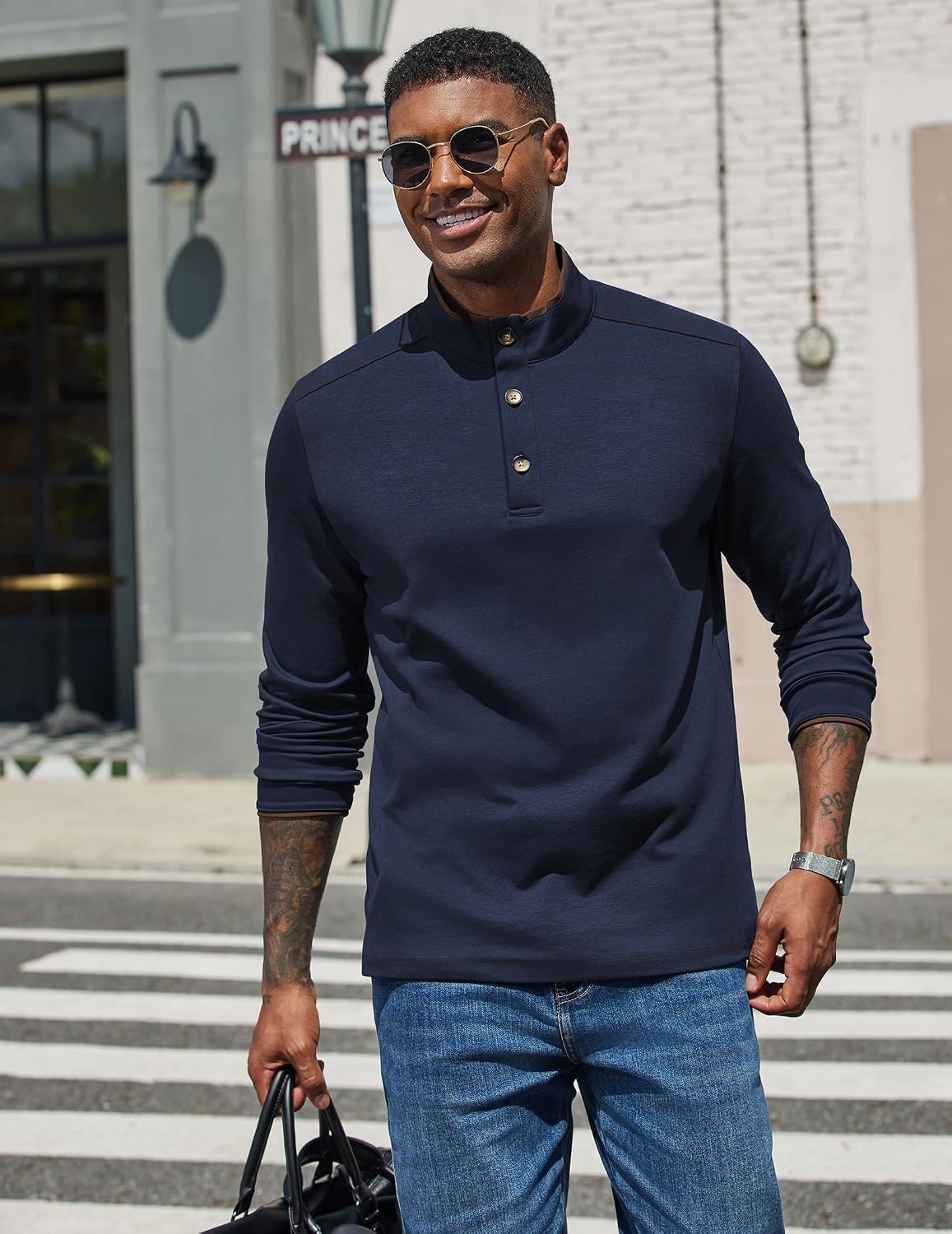 image:imageCOOFANDY Mens Quarter Button Pullover Long Sleeve Stand Collar TShirtsNavy Blue