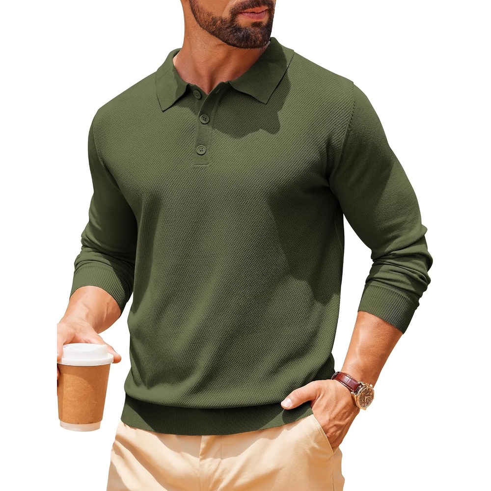 image:imageCOOFANDY Long Sleeve Polo Shirts for Men Lightweight Polo Slim Fit Waffle Collared PulloverArmy Green