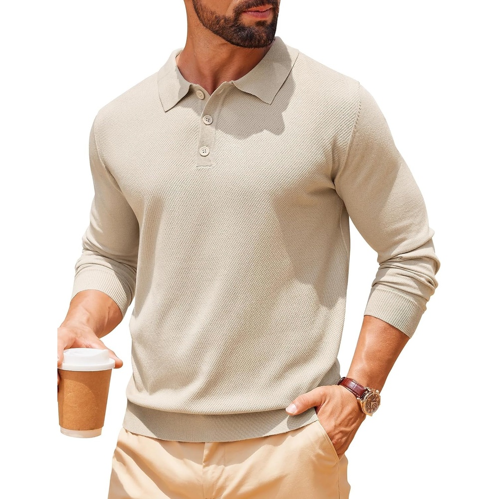 image:imageCOOFANDY Long Sleeve Polo Shirts for Men Lightweight Polo Slim Fit Waffle Collared PulloverChampagne