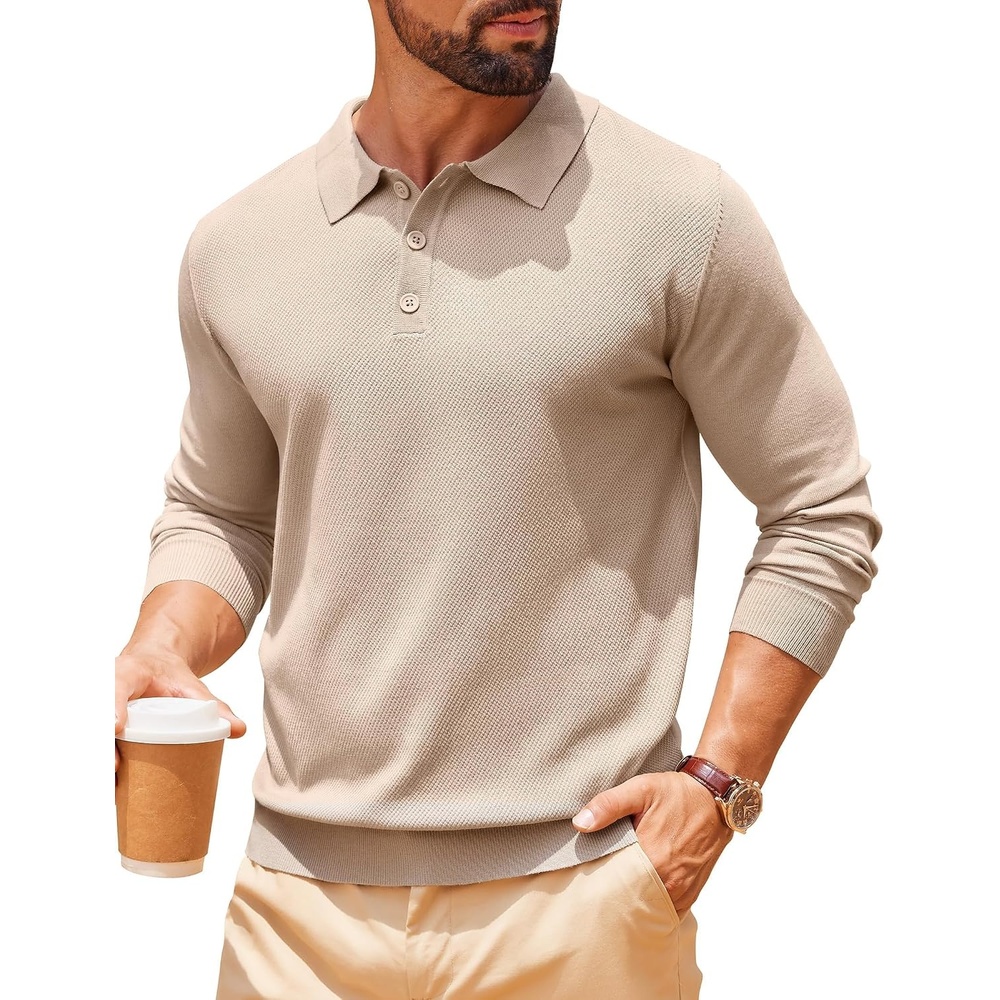 image:imageCOOFANDY Long Sleeve Polo Shirts for Men Lightweight Polo Slim Fit Waffle Collared PulloverKhaki