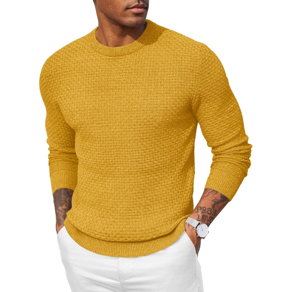image:imageCOOFANDY Men Dress Crewneck Sweater Pullover Knit Long Sleeve Casual Slim Fit SweaterYellow