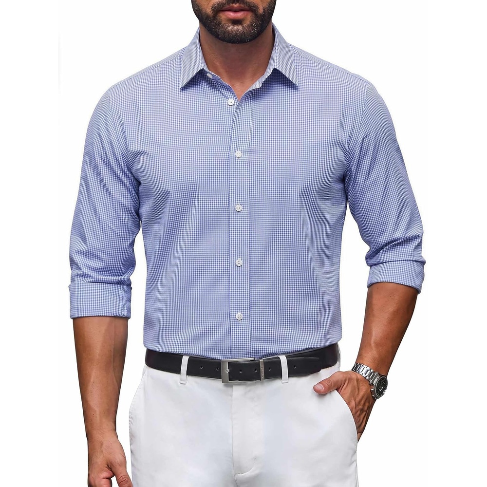 image:imageCOOFANDY Mens Button Down Long Sleeve Plaid Cotton Wrinkle Free Dress ShirtLight Blue White Plaid
