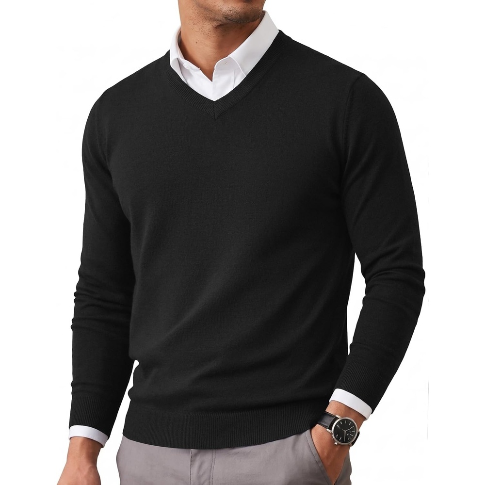 image:imageCOOFANDY Mens Casual V Neck Sweater Knit Slim Fit Long Sleeve Pullover TopBlack