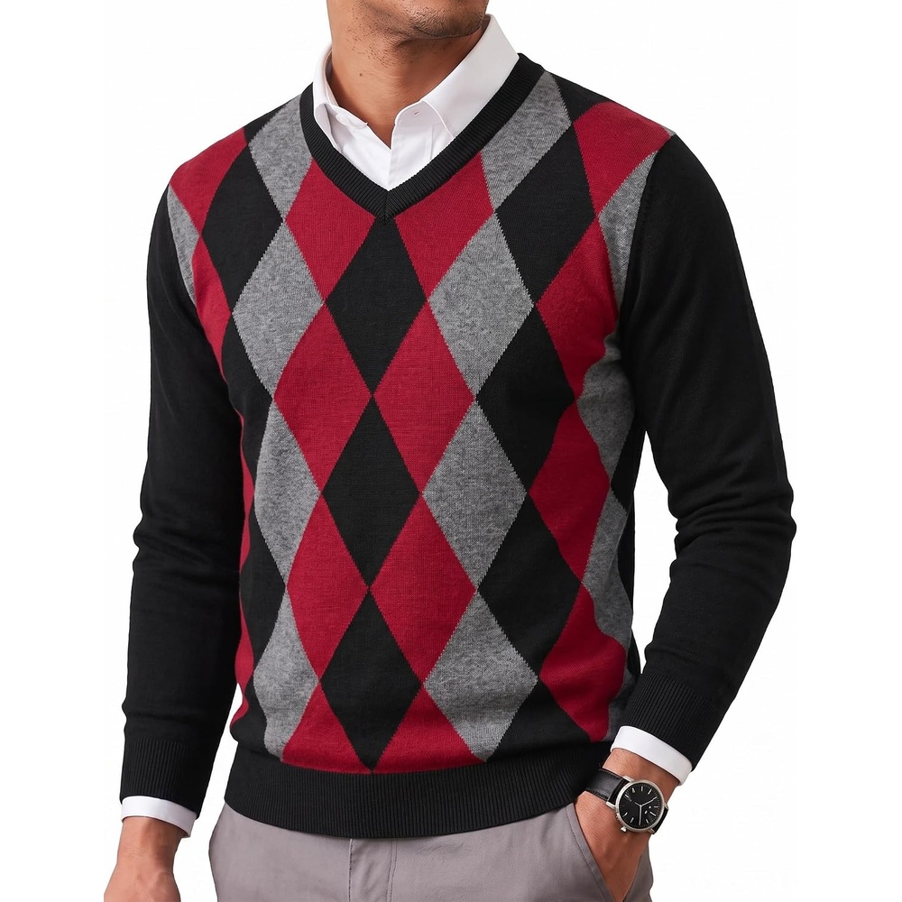 image:imageCOOFANDY Mens Casual V Neck Sweater Knit Slim Fit Long Sleeve Pullover TopBlackred