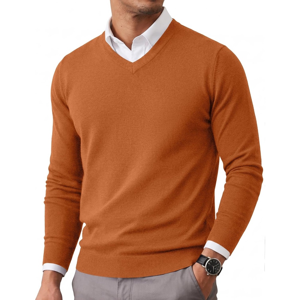 image:imageCOOFANDY Mens Casual V Neck Sweater Knit Slim Fit Long Sleeve Pullover TopBrown