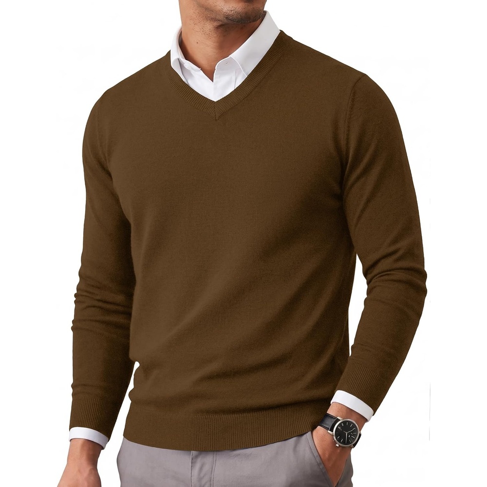 image:imageCOOFANDY Mens Casual V Neck Sweater Knit Slim Fit Long Sleeve Pullover TopDark Brown