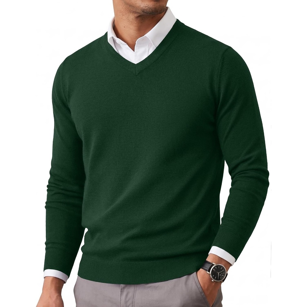 image:imageCOOFANDY Mens Casual V Neck Sweater Knit Slim Fit Long Sleeve Pullover TopGreen