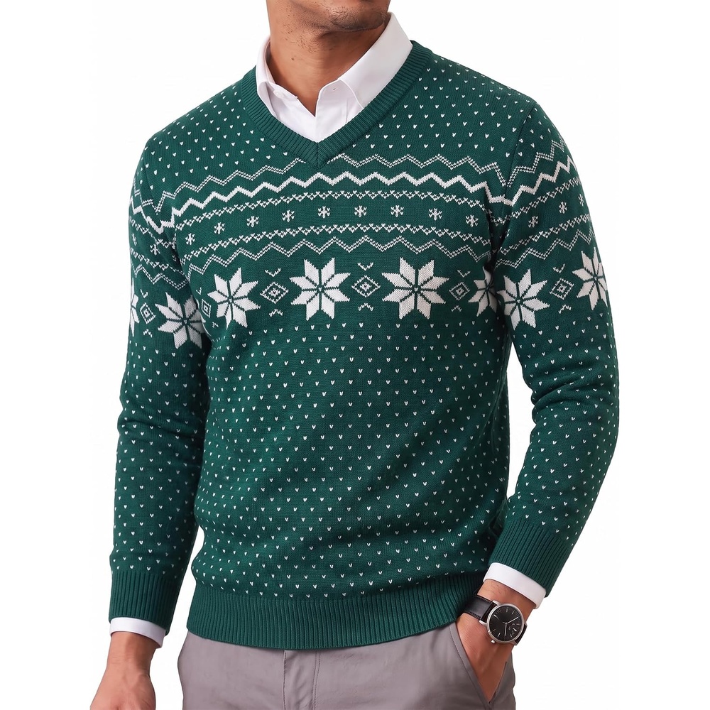 image:imageCOOFANDY Mens Casual V Neck Sweater Knit Slim Fit Long Sleeve Pullover TopGreenwhite